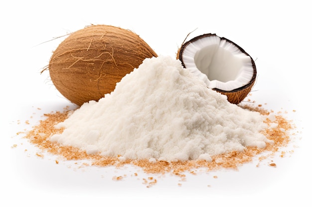 Whole coconut and powdered coconut on a plain white background Generative AI