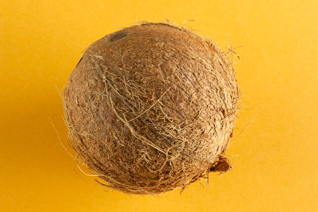 Whole coconut on yellow background