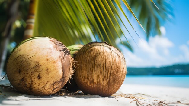 Foto noci di cocco intere su una spiaggia di sabbia caraibica naturale ed esotica