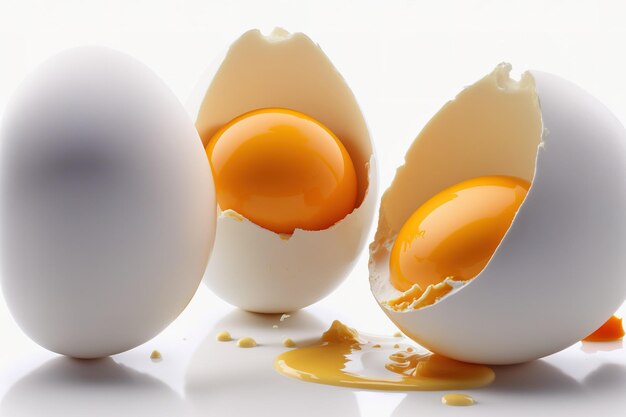 Whole and cracked white eggs with a yolk are isolated on a white backdrop