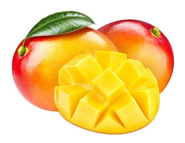 Whole and cut mango on white background Organic mango isolated on white background Taste mango with leaf Full depth of field with clipping path