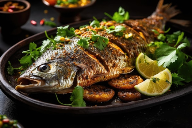 Whole fish with a grilled skin Arab food Generative AI