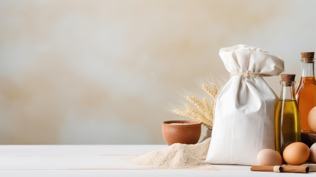 Whole flour in sack with wheat ears oil and eggs on a table with copy space