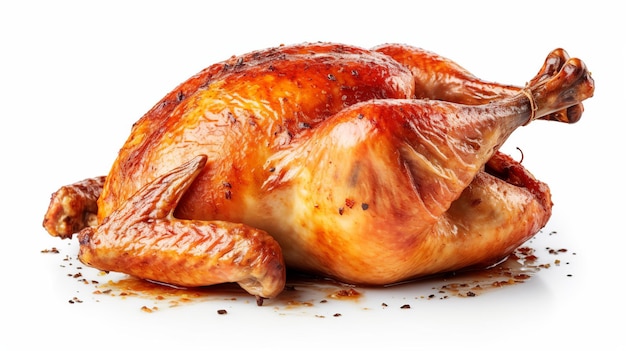 Whole fresh roasted chicken isolated on a white background Generative ai