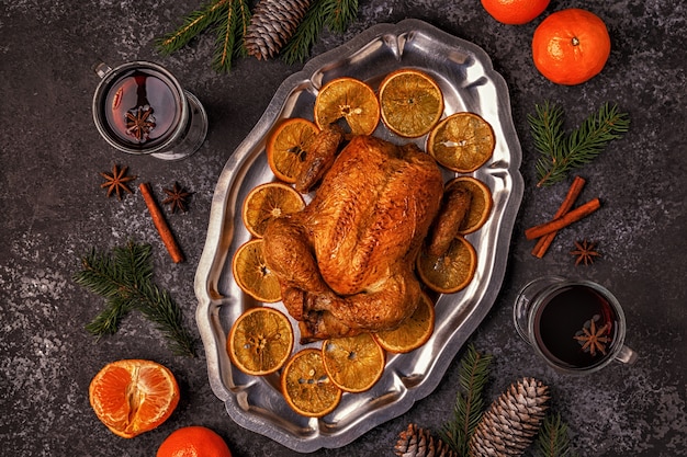 Whole fried chicken with Christmas decorations