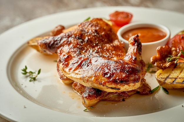 Whole Fried chicken with potatoes and mushrooms Closeup postproduction noise Selective focus