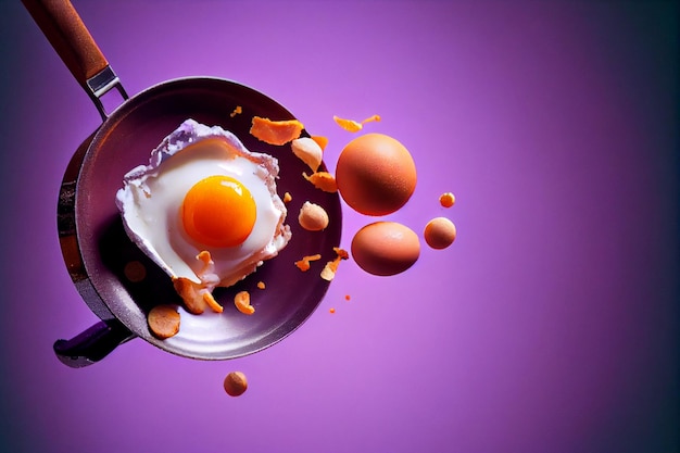 Whole and fried eggs above a frying pan float in the air on a violet Breakfast time AI Generated