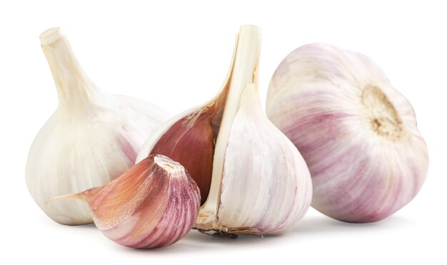 Whole garlic and clove close-up on a white background. Isolated