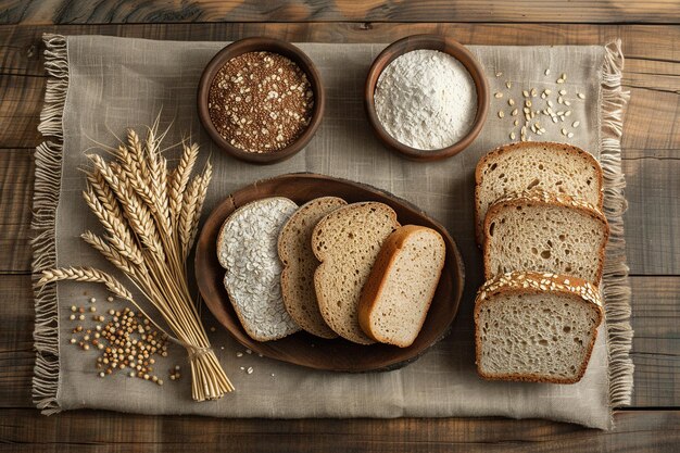 Whole Grain Bread and Assorted Grains on Wooden Table with AI generated