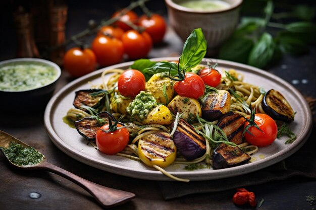 Whole grain pasta with roasted vegetables and pesto sauce