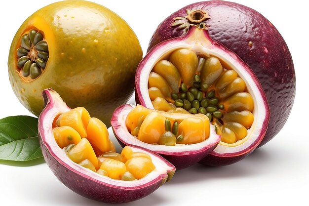 Whole and half fresh ripe passion fruit isolated on white background