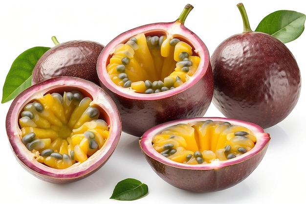 Whole and half fresh ripe passion fruit isolated on white background