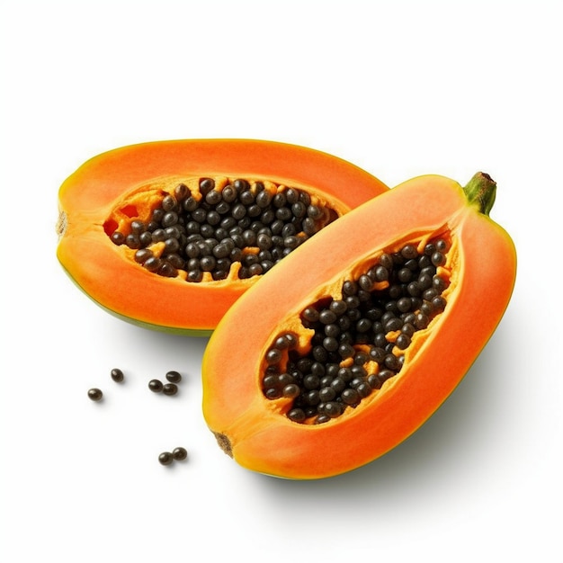 whole and half of ripe papaya fruit with seeds isolated on white background Ripe papaya isolated