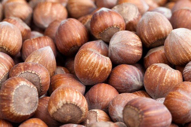 Whole hazelnuts on a wooden table,in shell