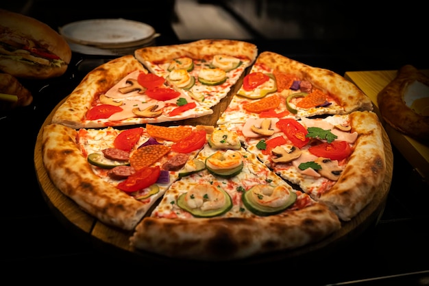 Whole italian pizza on wood table with ingredients in the dark