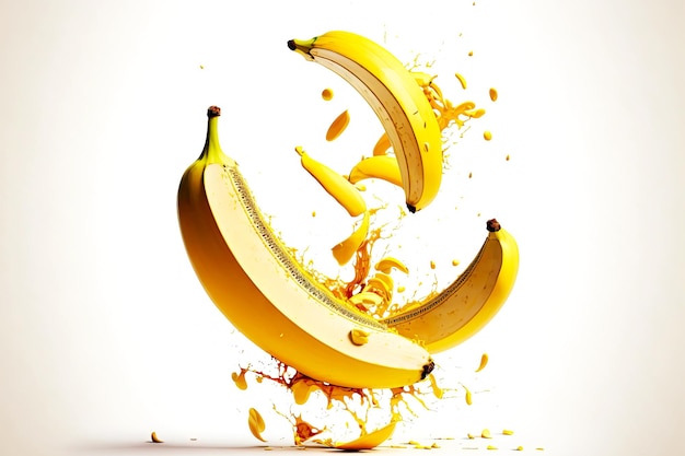 Whole large banana and banana slices fall on white table