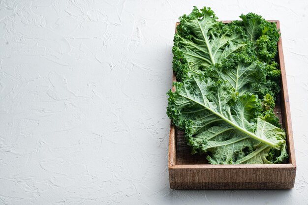 Whole leaves of Italian salad Kale set, in wooden box, on white background , with copyspace  and space for text