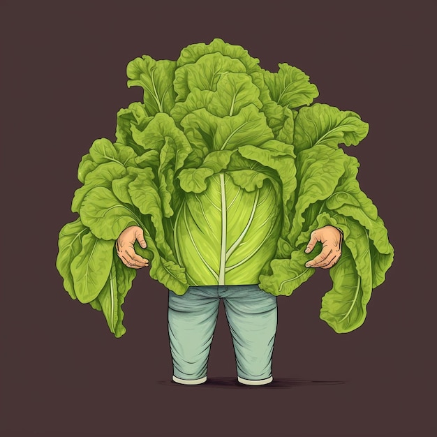 Photo a whole lettuce with hands and legs putting a jacket