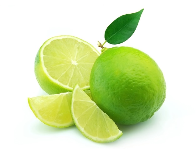 Whole lime and cut on white background.