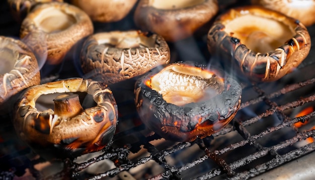 Whole mushrooms grilling a barbecue grid