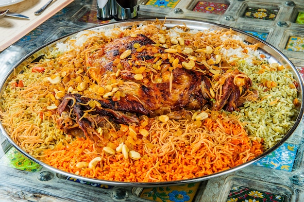 Whole mutton leg with mixed rice.Arabic food.