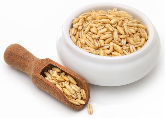 Whole oats in a wooden scoop and bowl over white background