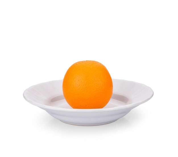 Whole oranges in white plate isolated on white background