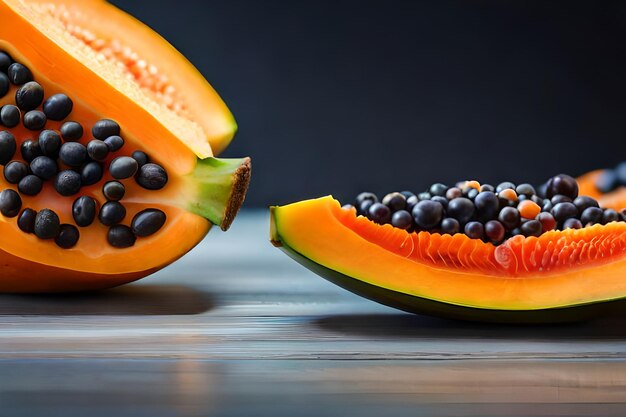 A whole papaya is cut into pieces and the other half is black.