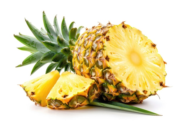 Whole pineapple and pineapple slice Pineapple with leaves isolate on white Full depth of field