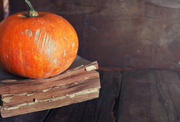 Whole pumpkin on old wooden book