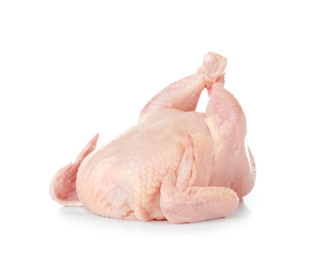 Whole raw chicken on white background