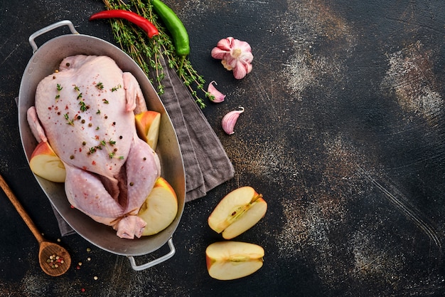 Whole raw chicken with ingredients for making pepper, lemon, thyme, garlic, tomato, sorrel, with apples and salt in kitchen on light grey slate, stone or concrete background. Top view with copy space.