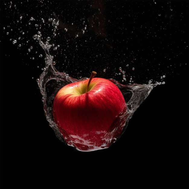 Photo whole red apple splashing in water against black