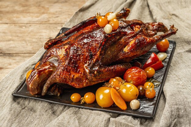 Whole roast duck stuffed with apples. Poultry served with pickled vegetables. A festive dish for Christmas, Thanksgiving Day, or any holiday. Wooden background, cutlery, close up