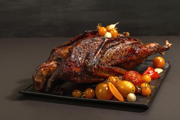 Whole roast duck stuffed with apples. Poultry served with pickled vegetables. A festive dish for holidays, trendy hard light, dark shadow. Stone concrete background, close up