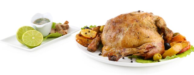 Whole roasted chicken with vegetables on plate isolated on white