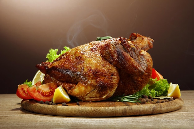 Whole roasted chicken with vegetables on wooden table on brown background