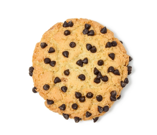 Whole round baked cookie with chocolate pieces isolated on white background, top view