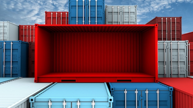 화물 운송 선박에서 전체 측면 및 빈 빨간색 컨테이너 상자