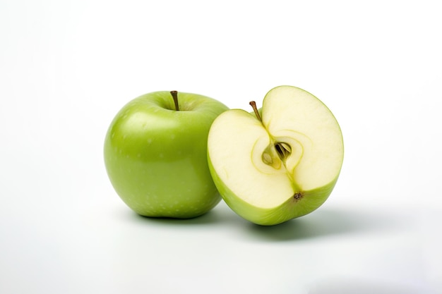 Whole and slice green apples isolated on white background