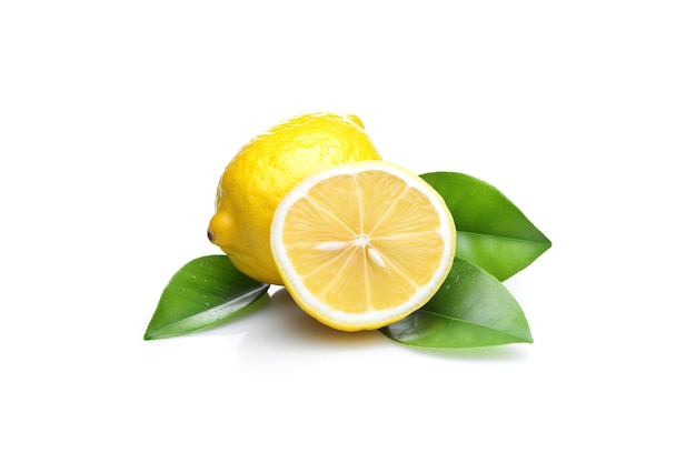 Whole and slice lemon with leaves isolated on white background