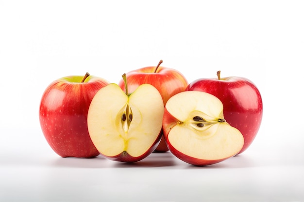 白い背景に分離された全体とスライスの赤いリンゴ