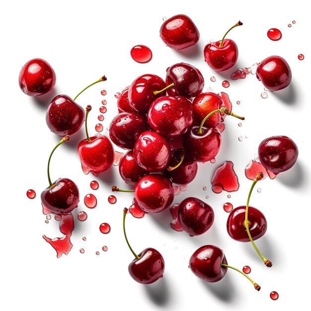 Whole and sliced fresh cherries in the air isolated on a white background generate ai