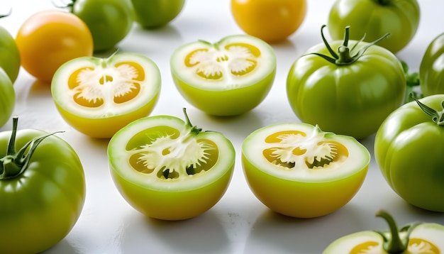 Whole and sliced green tomatoes on a white background