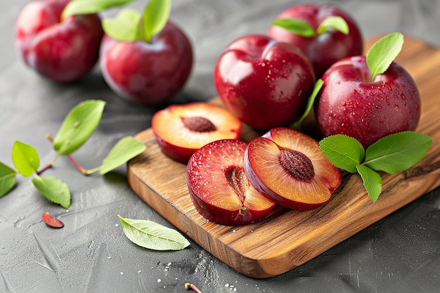 Whole and sliced juicy red plum fruits placed on a wooden board