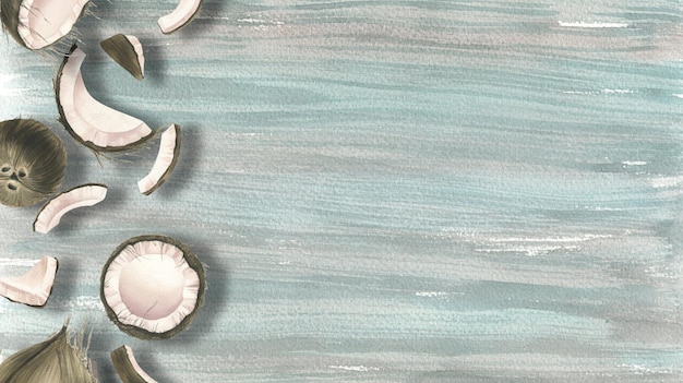 Whole and split coconuts pieces of pulp are different in size against a background of textured painted turquoise wood Watercolor illustration Banner for the design and design of websites products