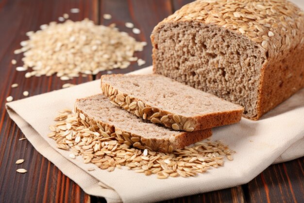 Whole sprouted grain bread on burlap cloth over wooden board