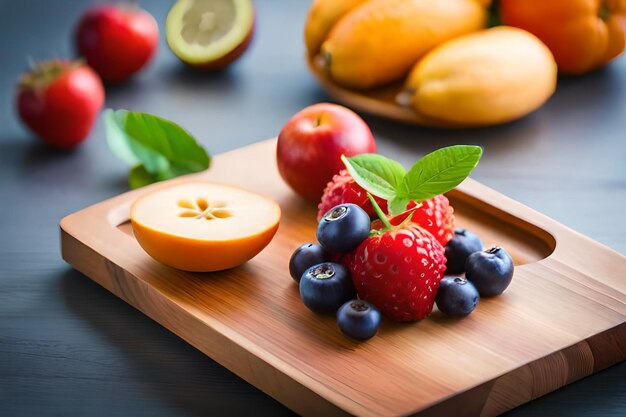 a whole strawberry and a whole orange on a wooden cutting board