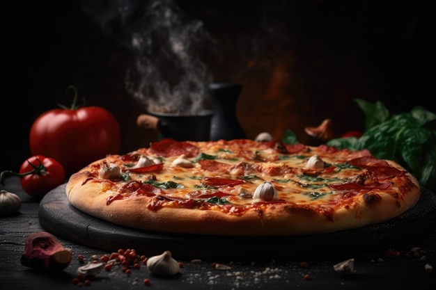 Whole tasty juicy pizza on black background ai generated