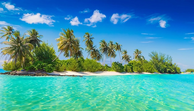 Foto tutta l'isola tropicale all'interno dell'atollo nell'oceano indiano isola subtropicale disabitata e selvaggia con palme